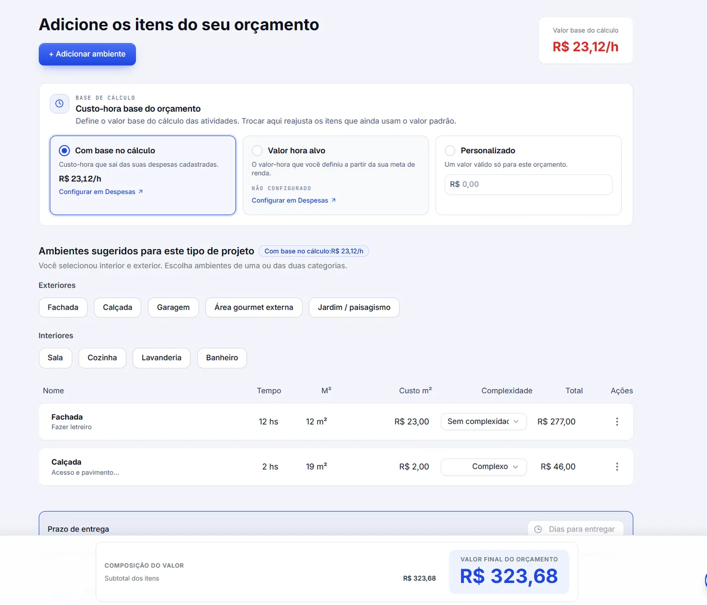 Modelagem 3D: horas, m², custo por m² e prazo de entrega.
